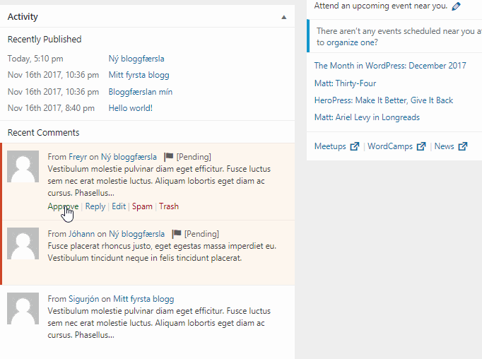 Myndin sýnir athugasemdir í WordPress mælaborðinu