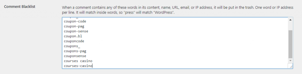 Myndin sýnir orð í WordPress sem eru ekki leyfð í athugasemdum