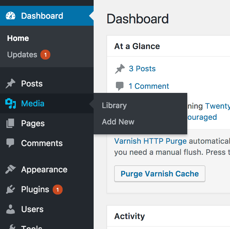 Mynd sem sýnir media í bakenda WordPress