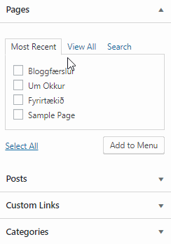 Myndin sýnir stillingar fyrir menu í WordPress stjórnborðinu