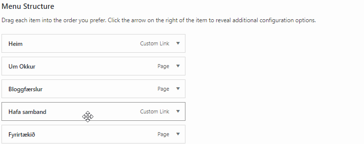 Myndin sýnir stillingar fyrir menu í WordPress stjórnborðinu