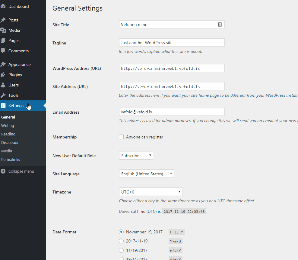 Grunnstillingar í WordPress bakendi