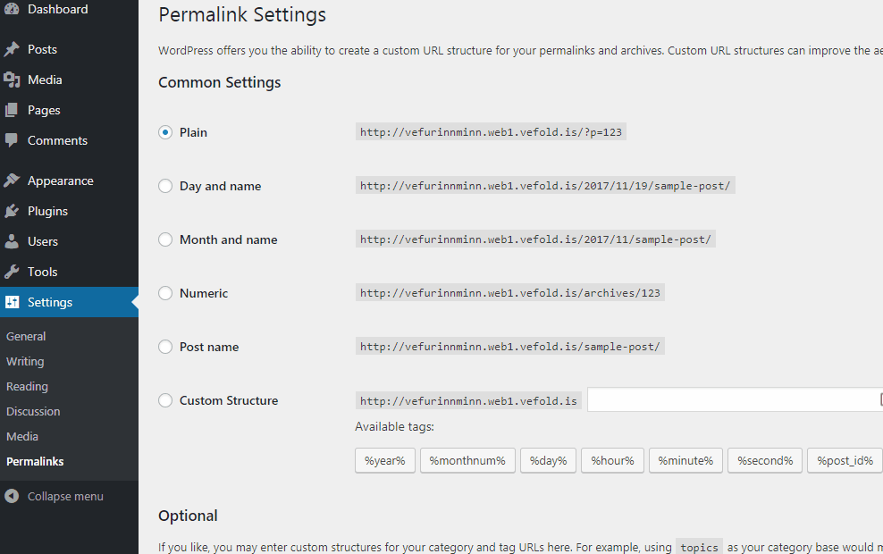 Permalink stillingar í WordPress