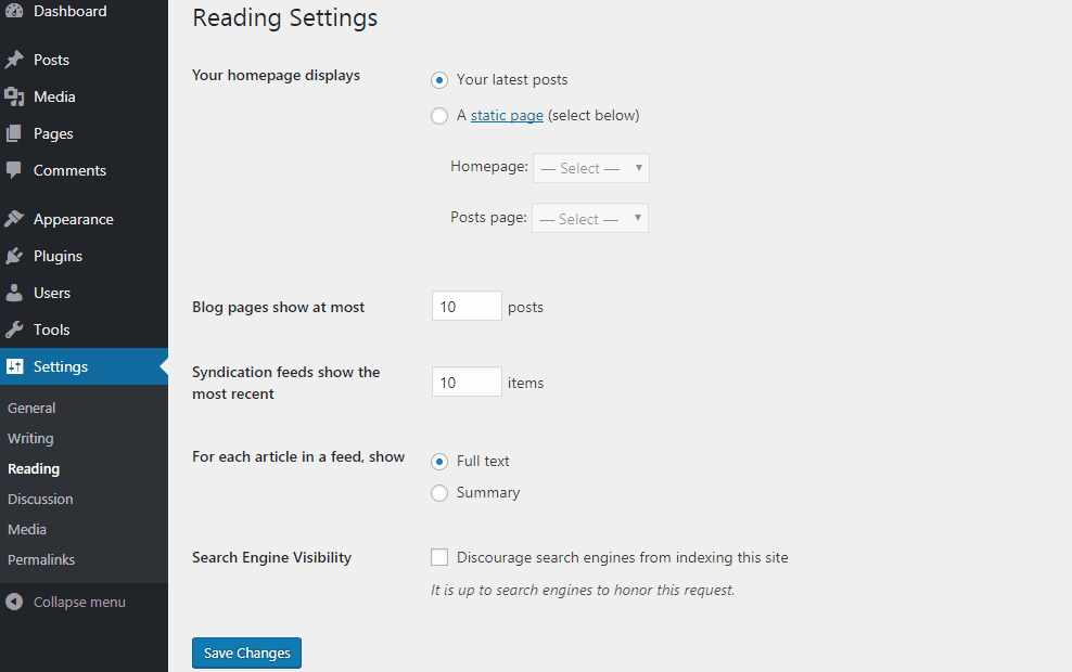 Grunnstillingar í WordPress bakendi
