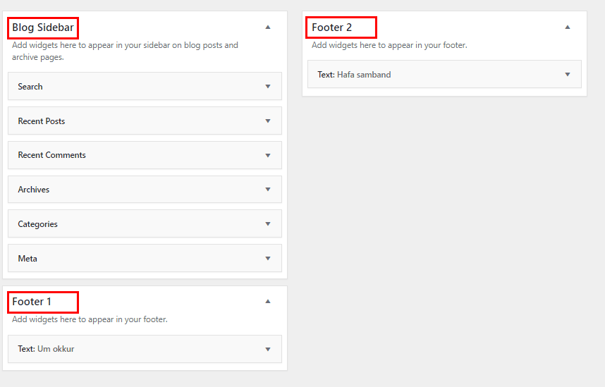 Myndin sýnir Widgets í WordPress mælaborðinu