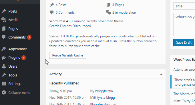 Myndin sýnir hvernig Widgets í WordPress mælaborðinu