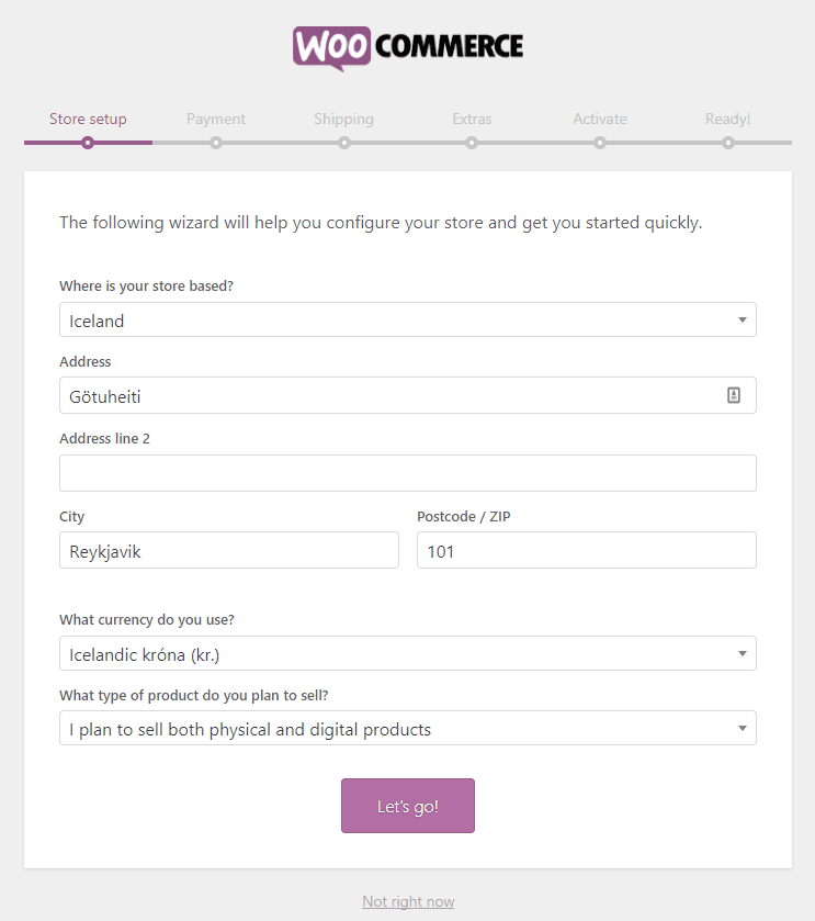 Myndin sýnir uppsetningarferli í WooCommerce