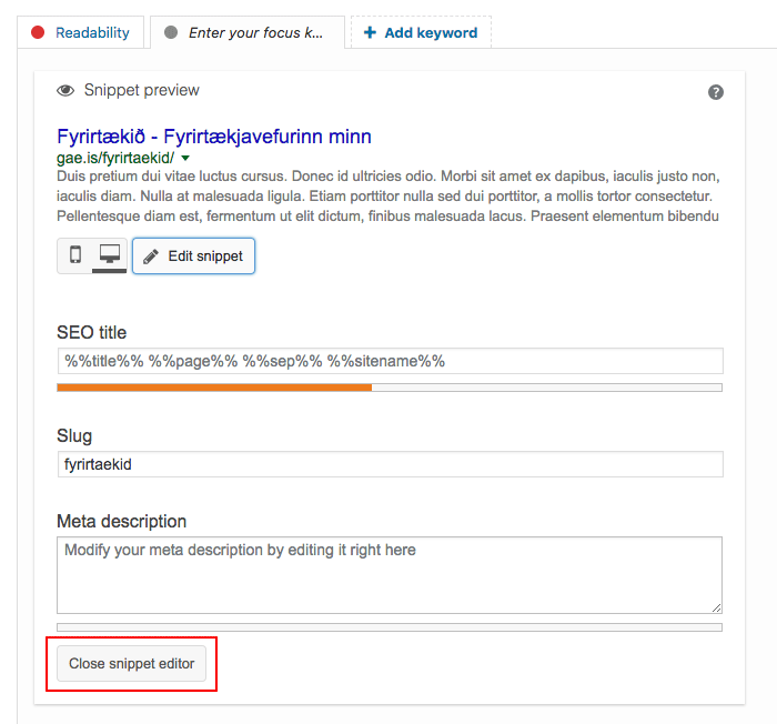 Leitarvélabestun í Yoast. Loka snippet.
