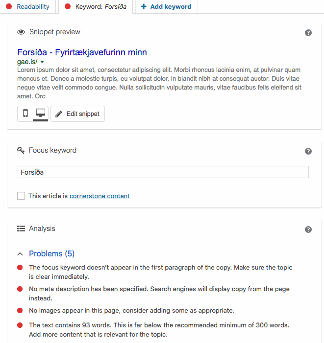 Leitarvélabestun í Yoast. Breyta Snippet.