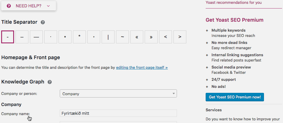 Leitarvélabestun í Yoast. Aðstoð með breytur.