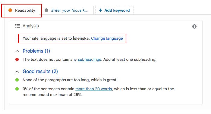 Leitarvélabestun í Yoast. Readability.