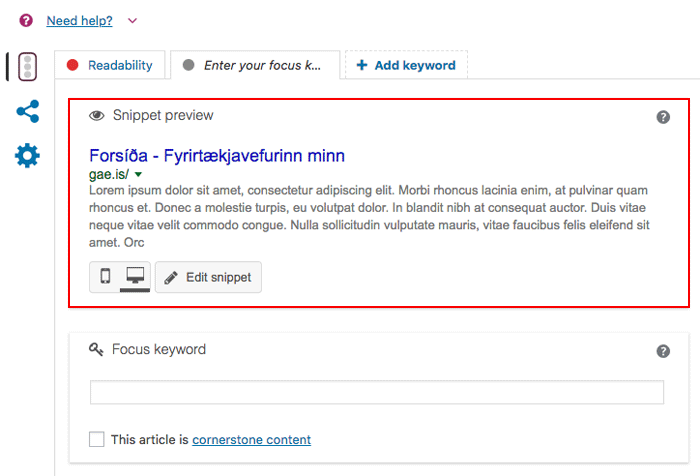 Leitarvélabestun í Yoast. Snippet Preview