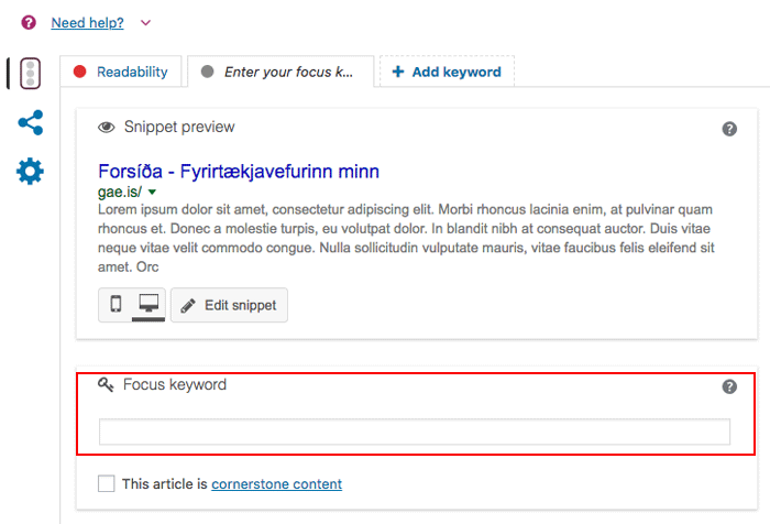 Leitarvélabestun í Yoast. Leitarorð.