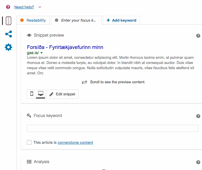 Leitarvélabestun í Yoast. Social.