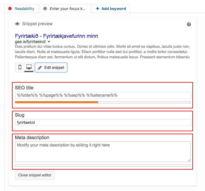 Leitarvélabestun í Yoast. Titil tag, slug og meta description.